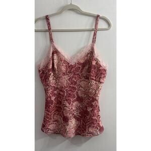 Camisole Tank Top Women Size 10 Y2K Satin Pink Snake Print‎ Lace Trim Lined